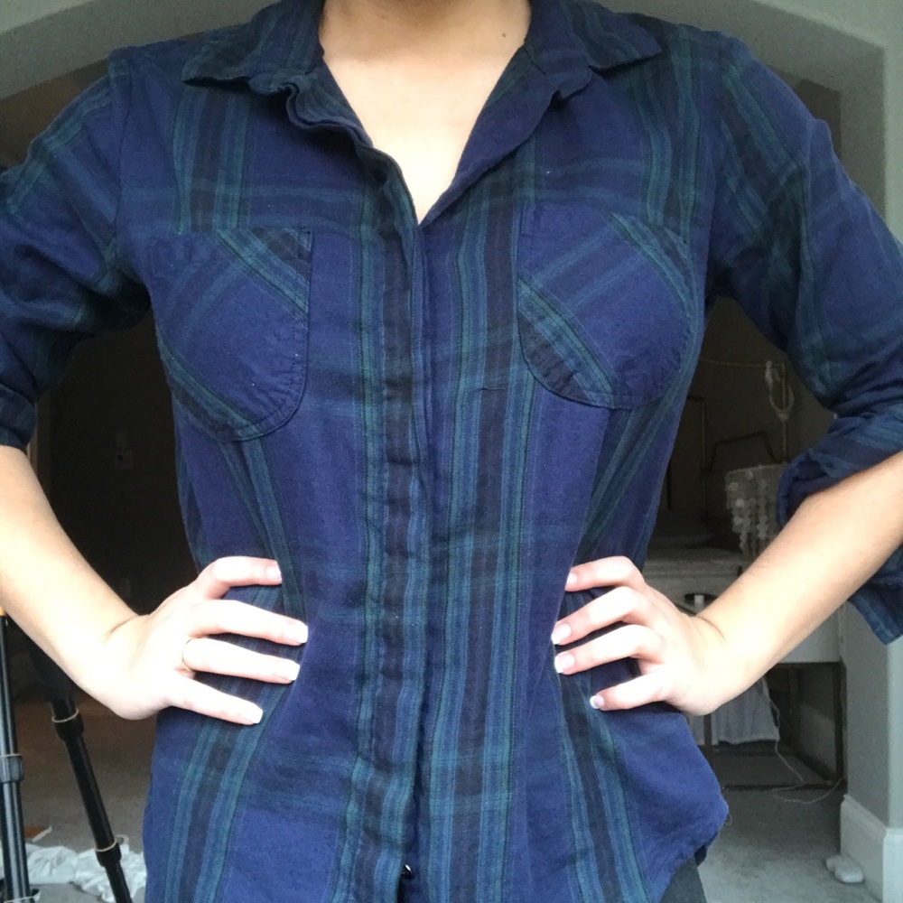 Navy and Green Button Up Fitted Flannel
